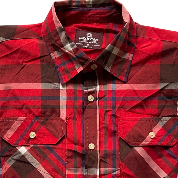 AKADEMIKS Mens Medium Shirt Red Blue Plaid Button Up Long Sleeves Relaxed Fit - Picture 1 of 8